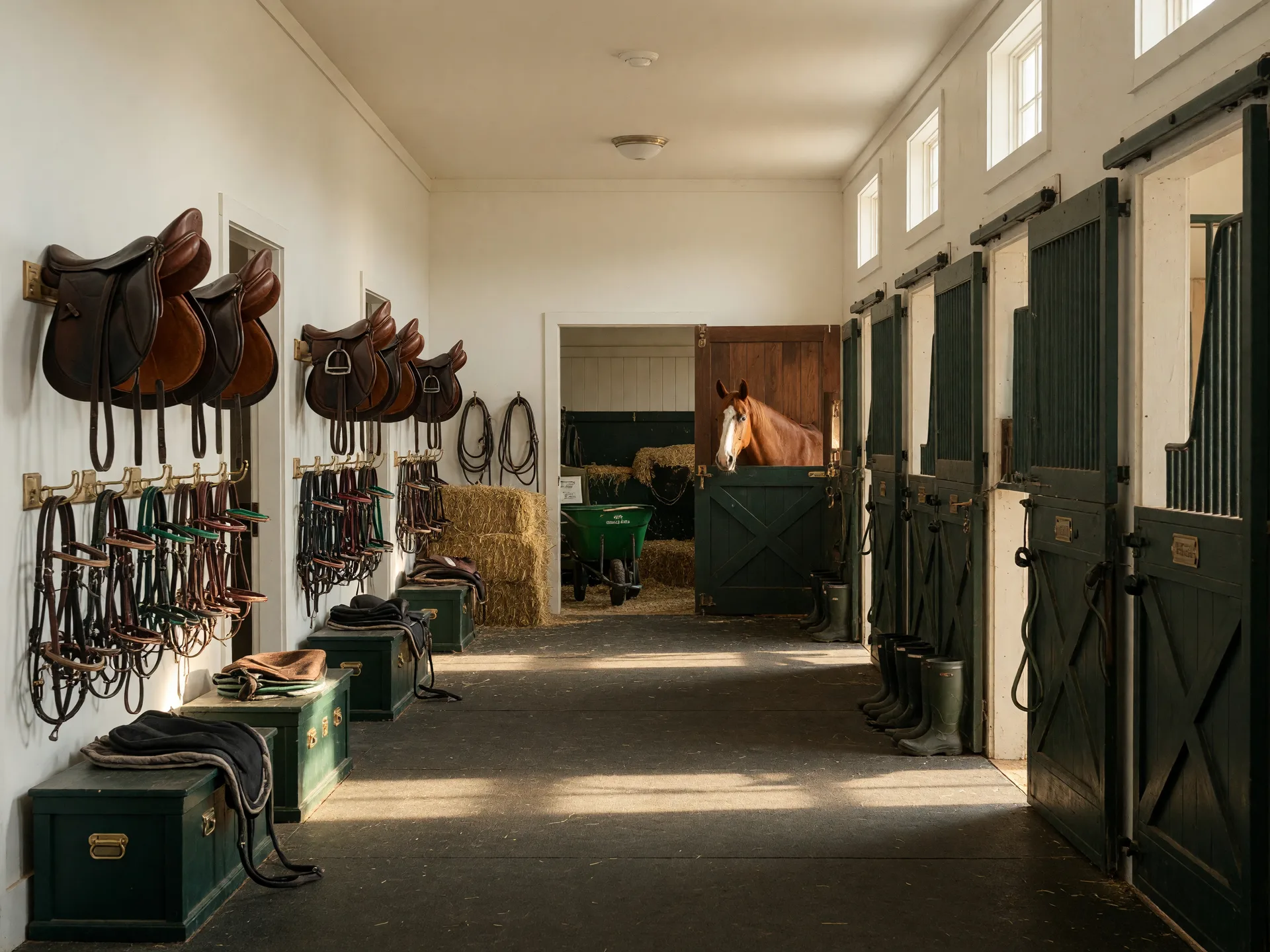 A wide, tidy horse barn aisle with rubber-matted flooring, saddle racks and bridle hooks on a white wall, stacked hay bales near the feed room, and a horse looking over a stall door