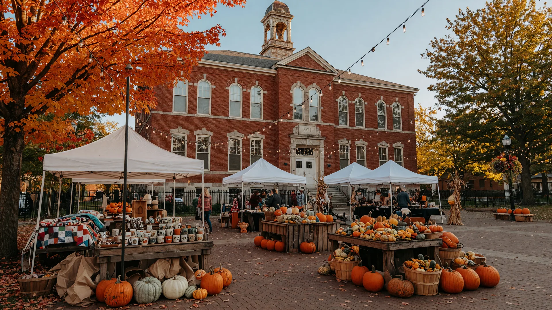 An autumn outdoor market in front of a historic red-brick Ohio school building with white vendor tents, craft stalls, pumpkins, and string lights