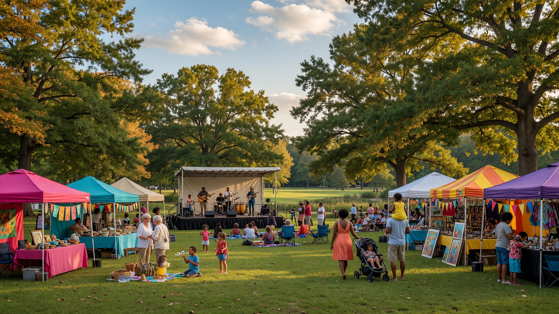 Colorful Festival in the Park art tents and live music stage at Freedom Park in Charlotte NC on a sunny September afternoon