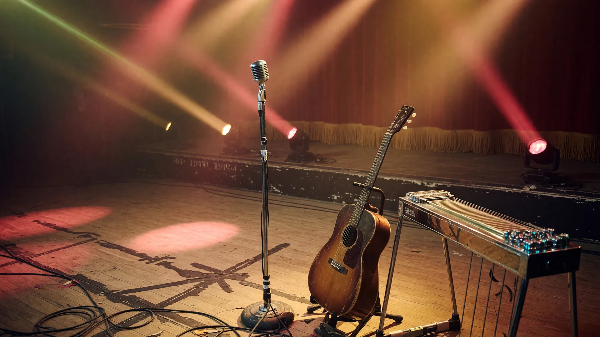 Classic country concert stage with microphone, acoustic guitar, and pedal steel under warm red and gold spotlights