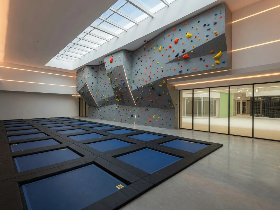 Bright indoor family entertainment complex with a trampoline floor and tall climbing wall beneath a skylight ceiling