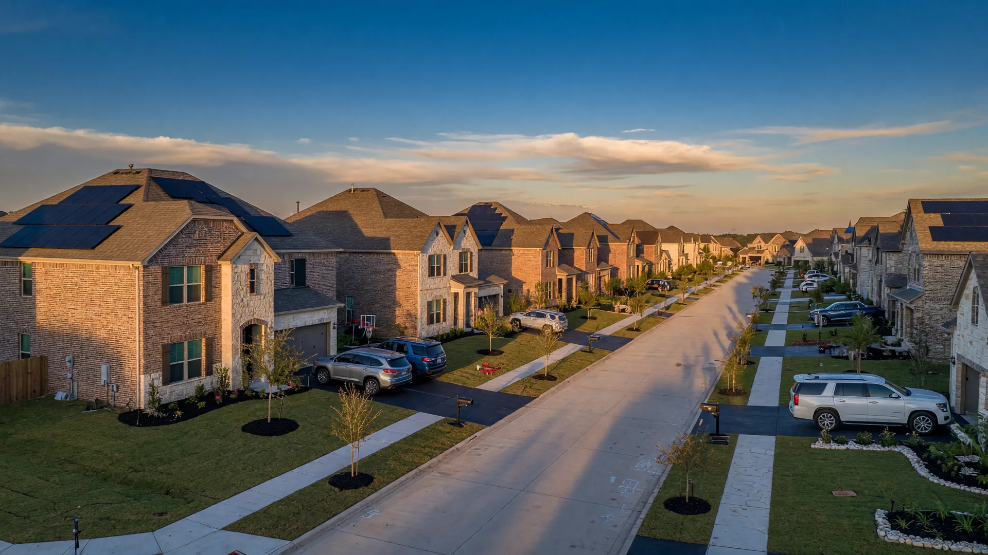 A modern suburban street of brick and stone homes in Fulshear, Texas at late afternoon