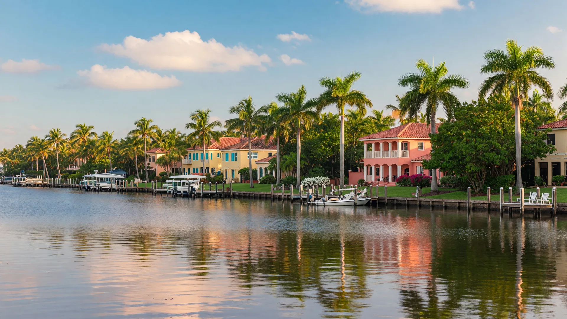 Homes and private docks along the Intracoastal Waterway in Delray Beach under a clear late-September sky