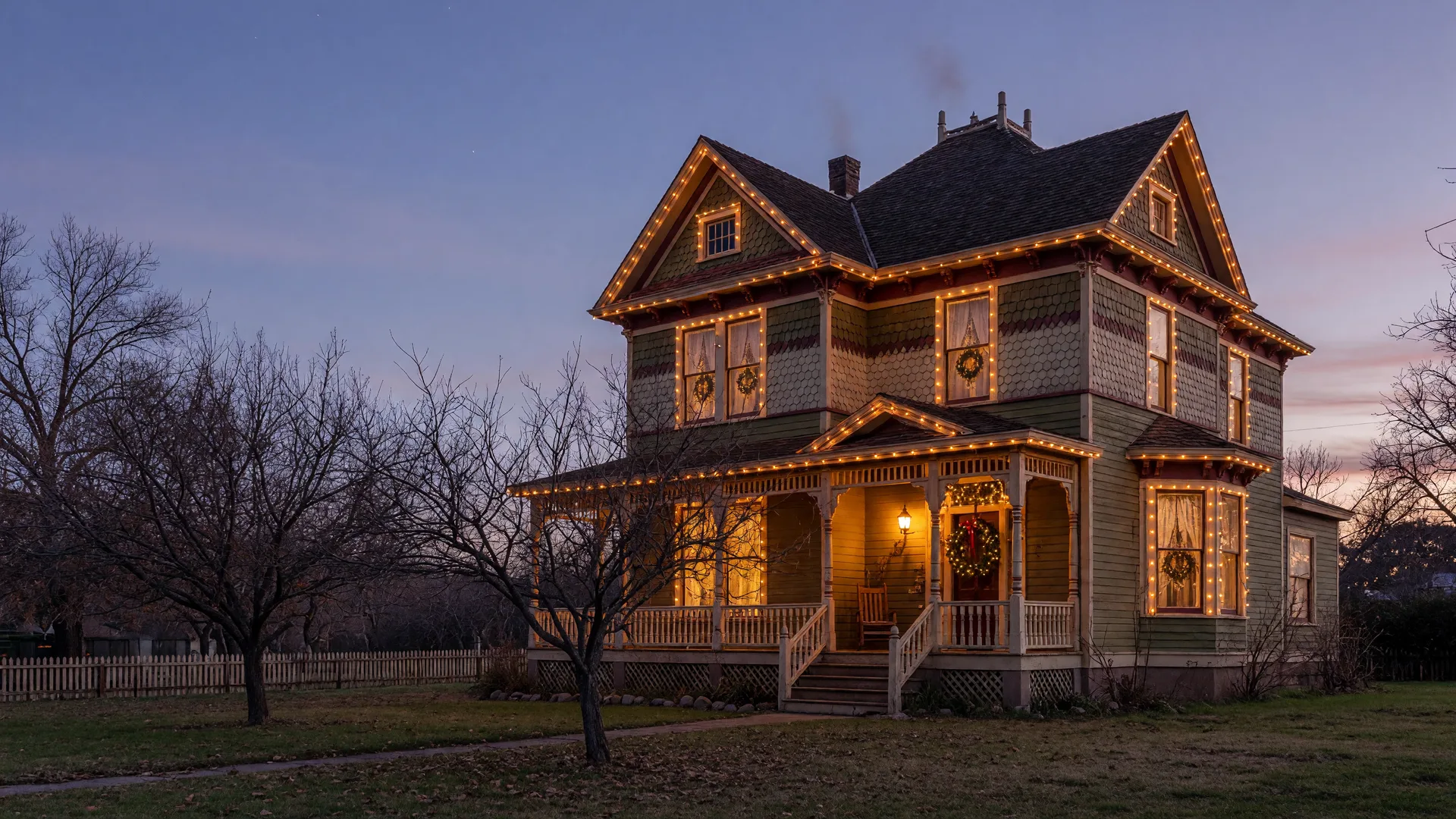 A historic Eastlake-style Victorian farmhouse at dusk outlined in warm holiday lights, with soft light in the windows and a grassy park lawn in front