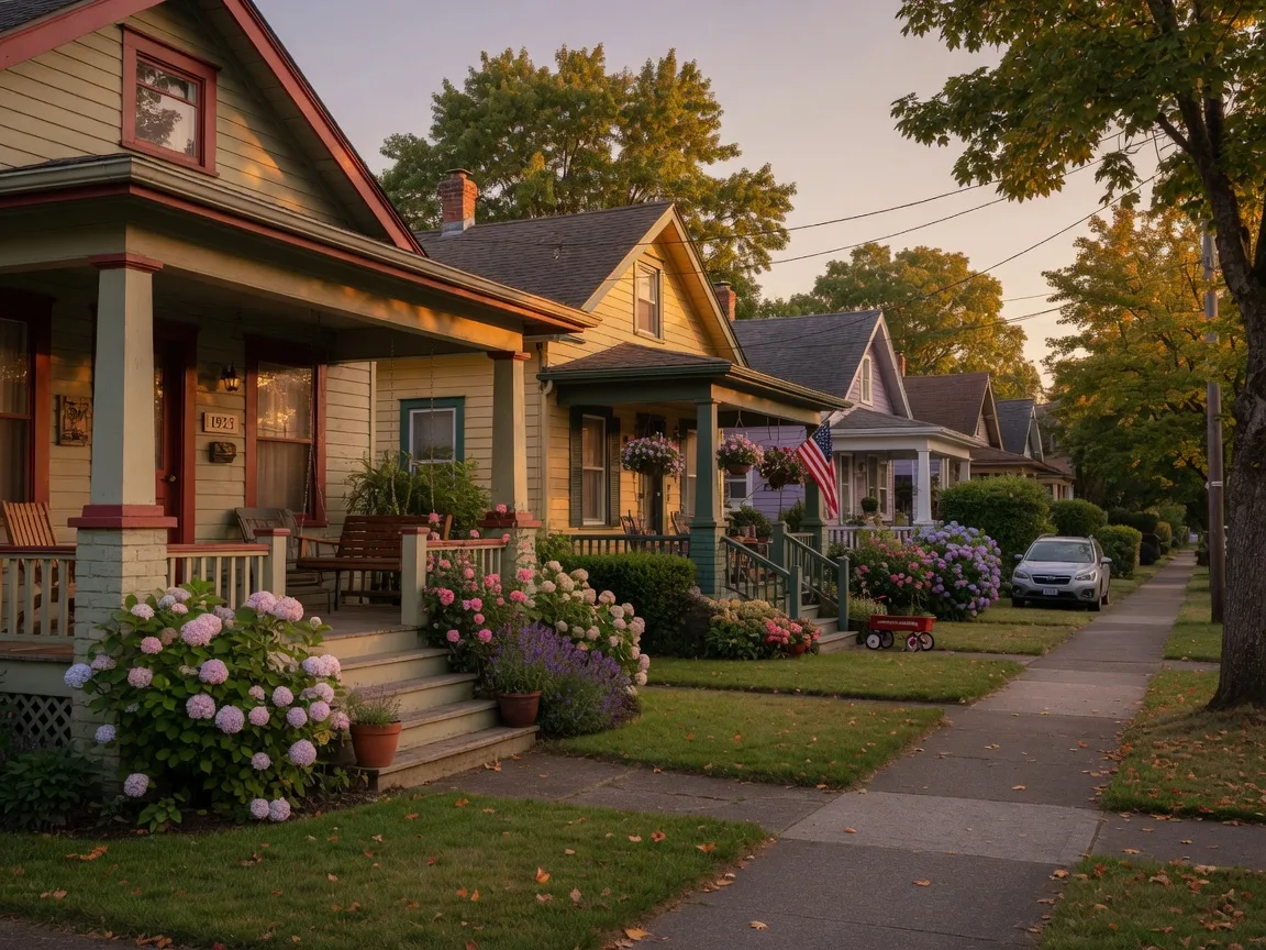 A Sellwood street of craftsman bungalows with deep porches and cottage gardens at golden hour