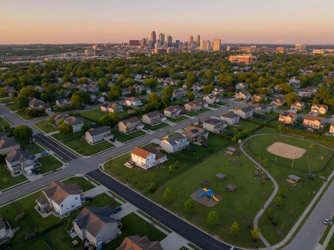 Aerial view of a Kansas City suburban neighborhood at golden hour with tree-lined streets and the skyline in the distance
