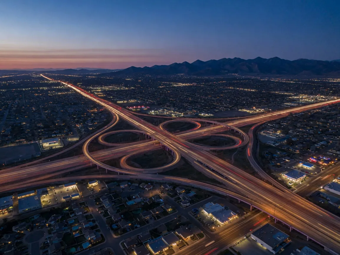 Aerial view of an interstate highway interchange at dusk with light trails, representing the long drive between California and Texas