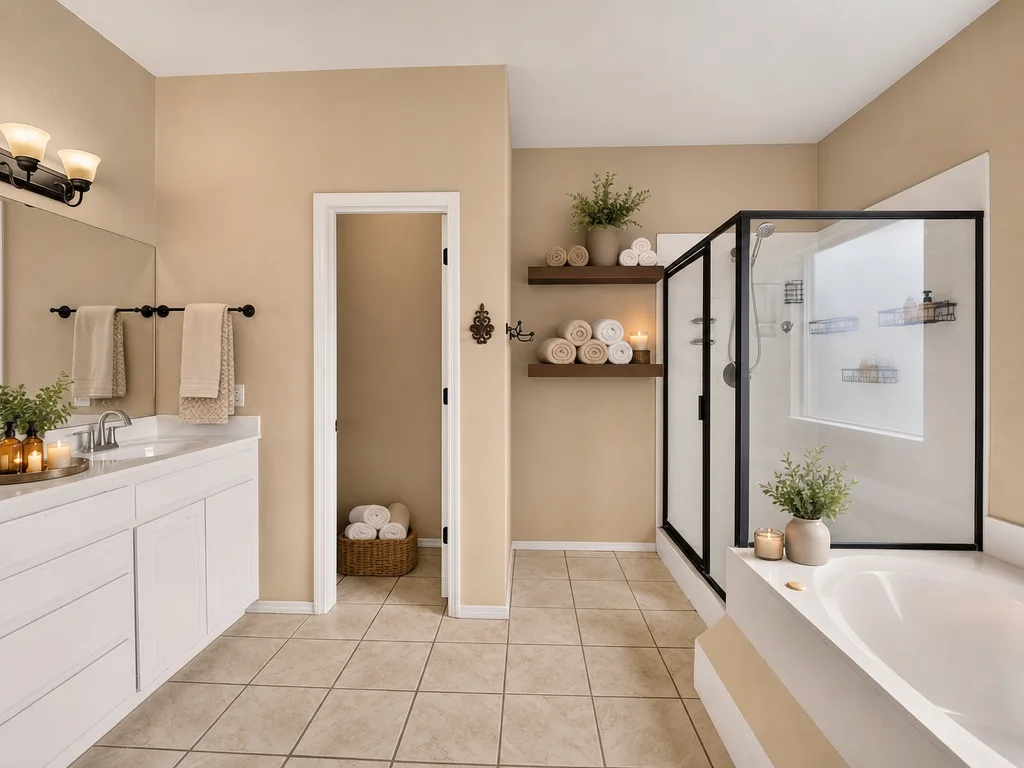 Primary bathroom at 4604 N Narcissus Ave, virtually staged with spa-style towels and decor