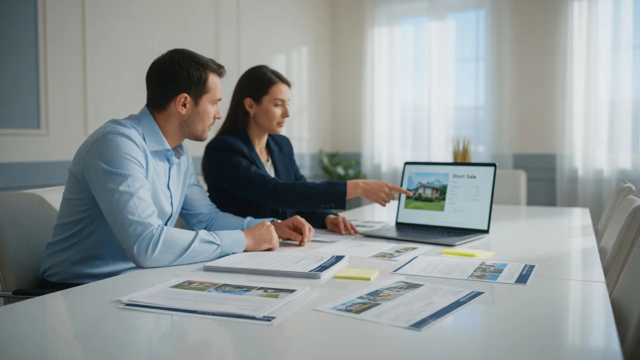 A buyer and their real estate agent reviewing a short-sale listing together at a bright conference table.