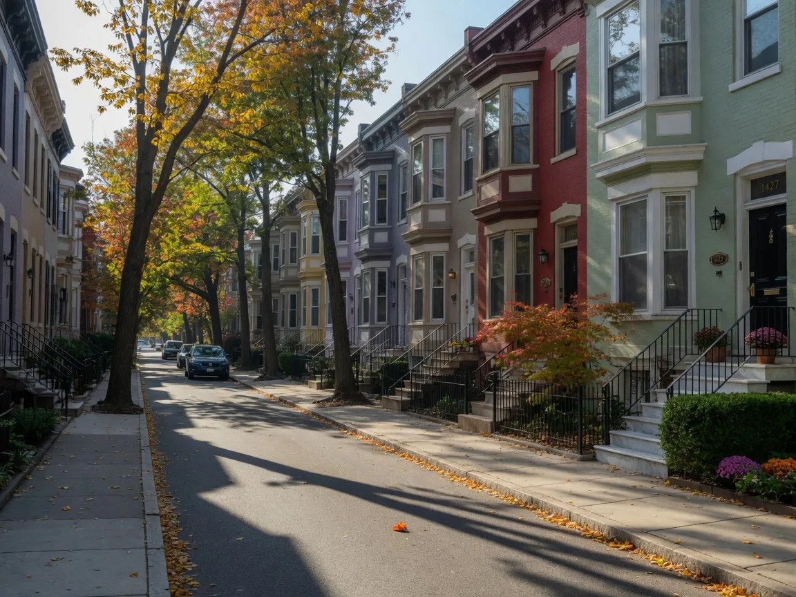 Rows of painted rowhouses with bay windows and small front gardens on a quiet Washington DC street on a bright October morning, mature trees showing early fall color and long morning shadows across the sidewalk
