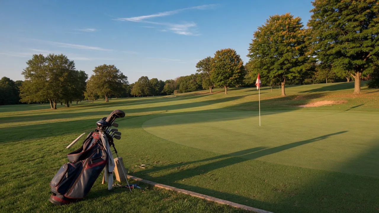 A New England public golf course in early fall with a flagstick and a golf bag resting by the tee box