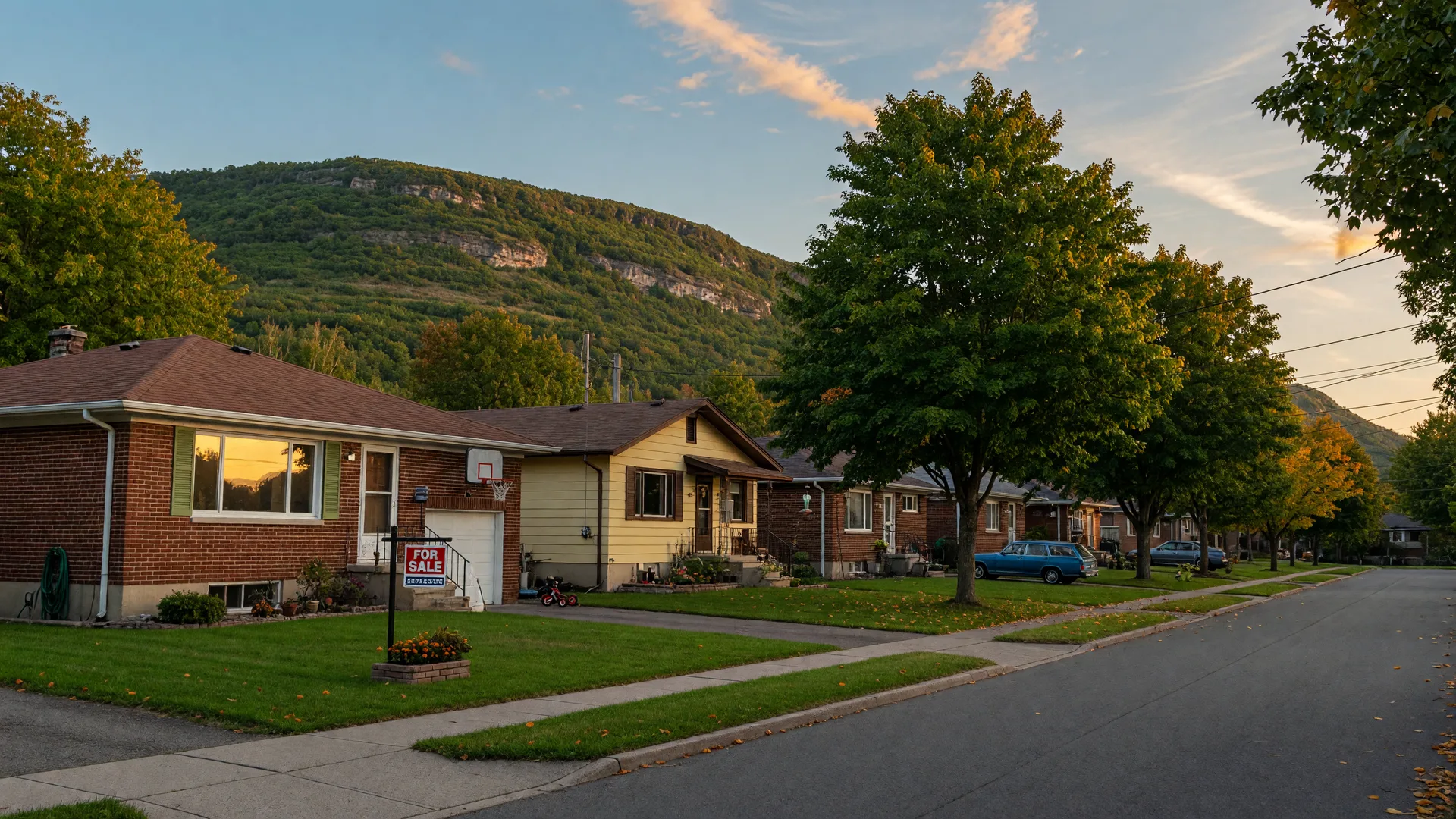 Quiet Hamilton Mountain residential street in early September with brick bungalows, a For Sale sign, and the first hints of fall colour