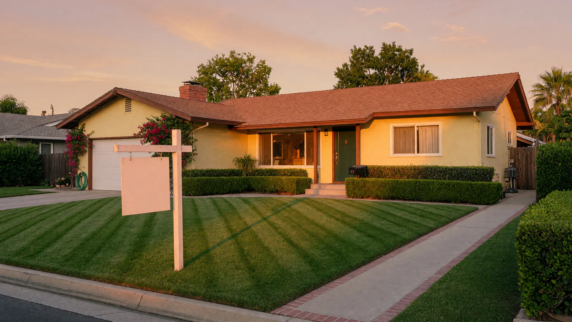 A charming single-story San Gabriel Valley home at golden hour with a manicured lawn and a for-sale yard sign, ready to make a strong first impression
