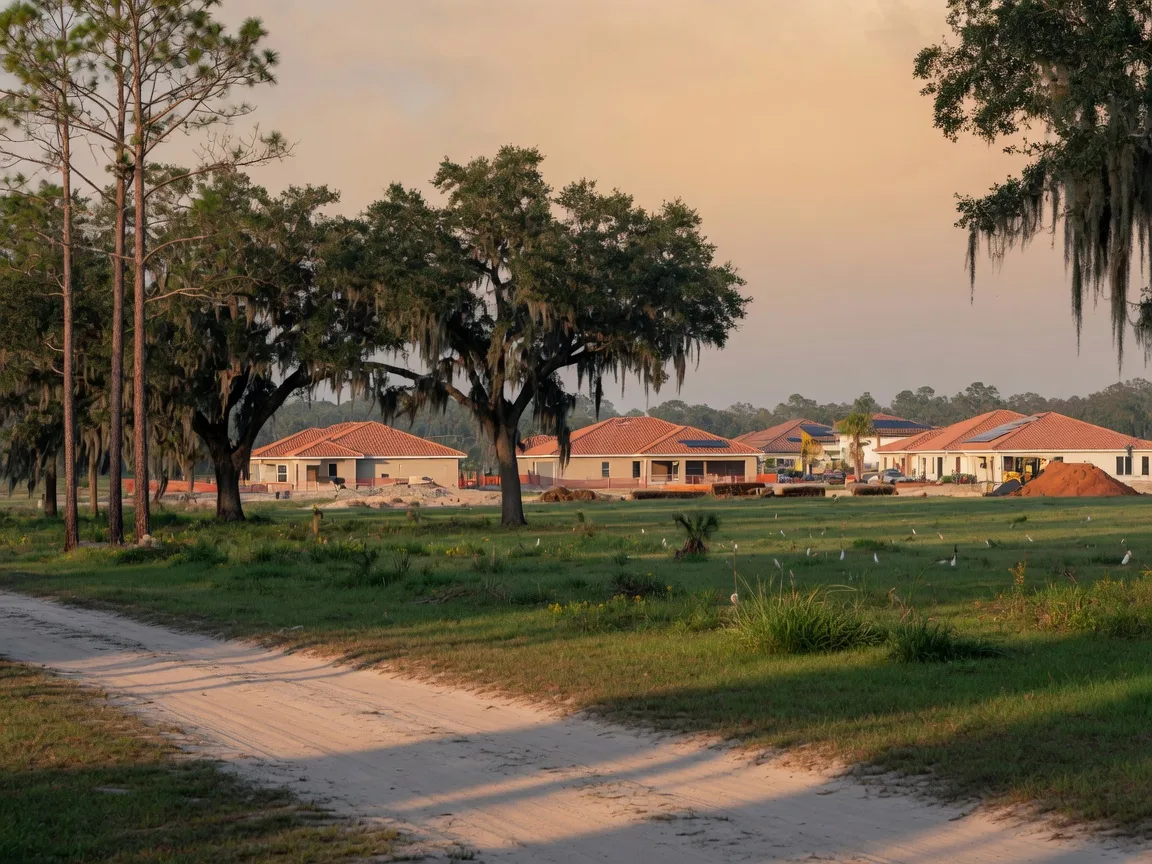Green pasture and ranchland with live oaks and pines in the foreground, with new tile-roofed residential rooftops rising in the distance