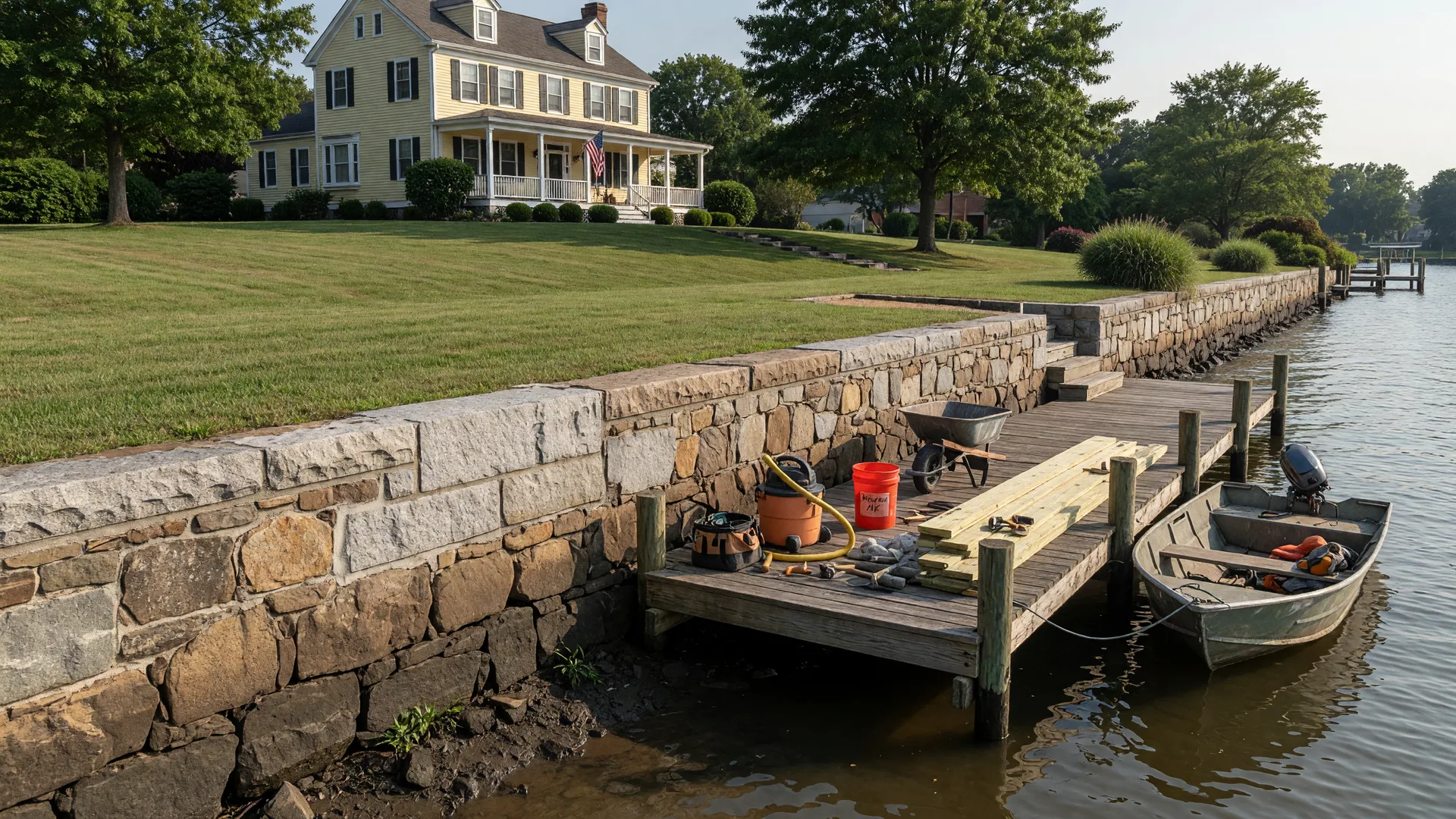Waterfront property maintenance scene showing a stone seawall, wooden dock with tools and small boat, and a historic home in the background