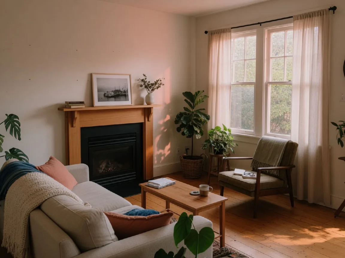 A warm, light-filled living room in a Victoria BC home with a fireplace, reading chair and houseplants