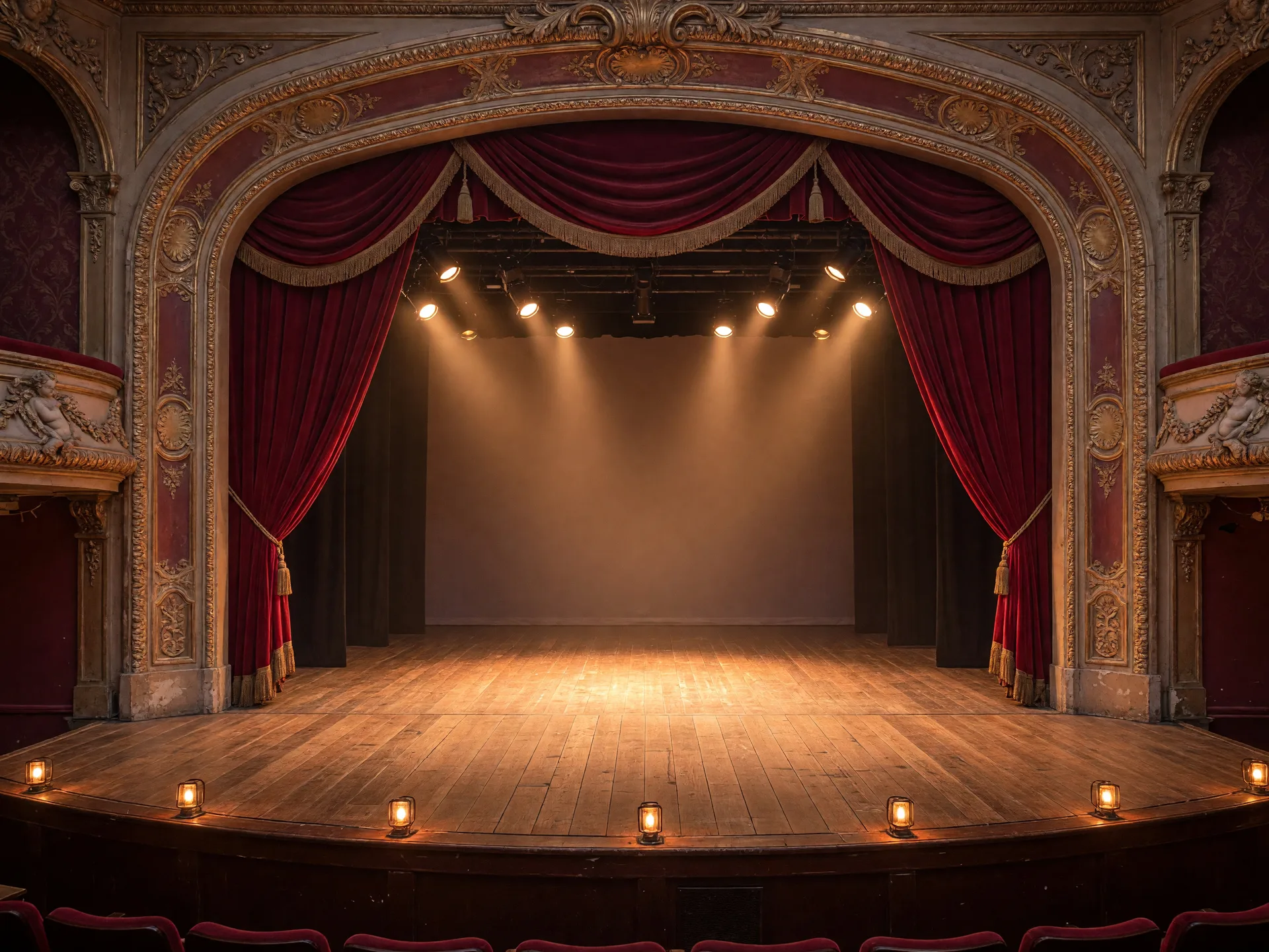 A historic community theatre stage with red velvet curtains, warm footlights, and polished wooden stage floor