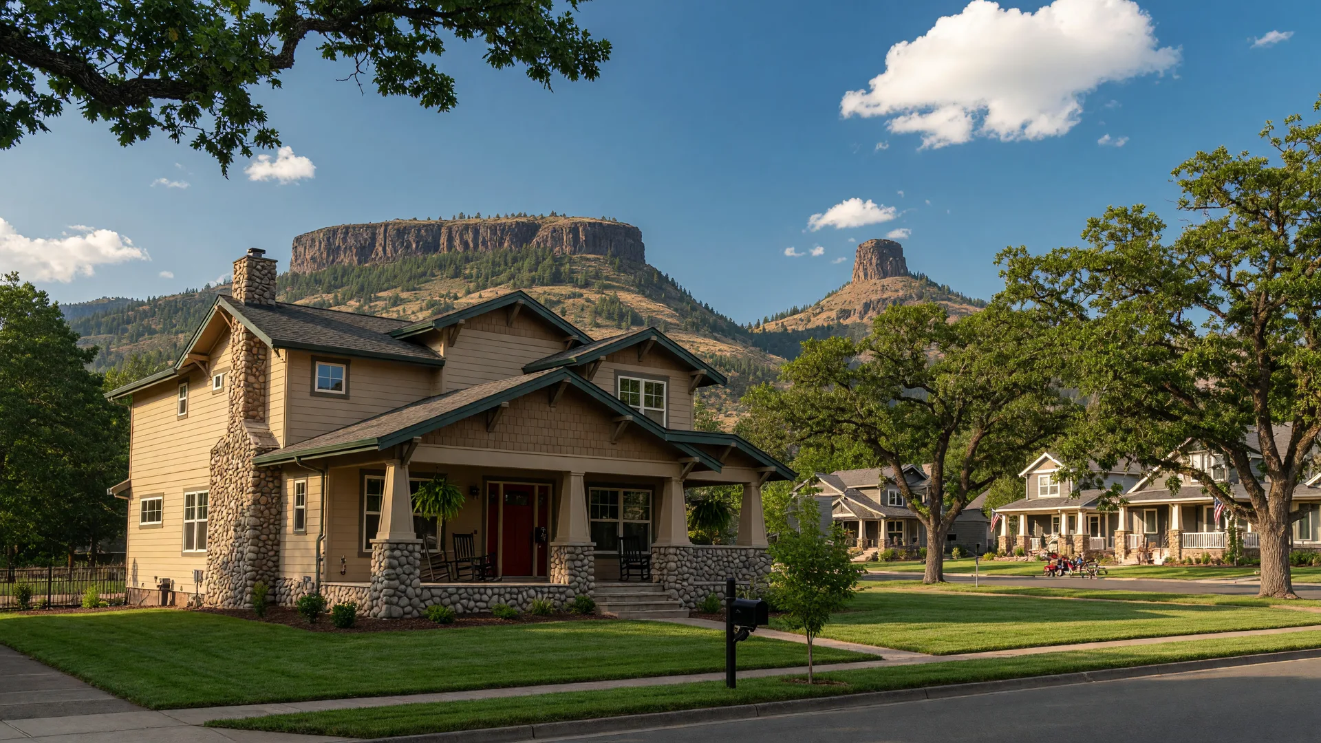 New craftsman-style home in Eagle Point with Upper Table Rock visible in the distance under a bright summer sky