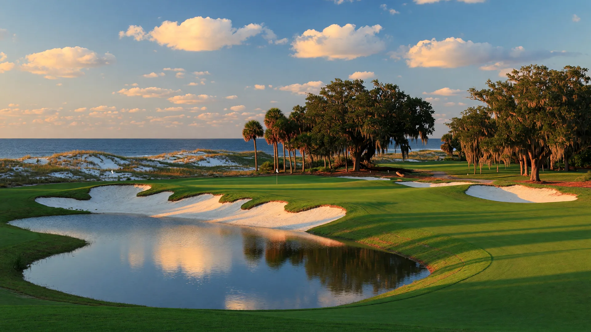 A coastal golf course near Gulf Shores Alabama with emerald fairways, palm trees, and the Gulf in the distance in golden-hour light