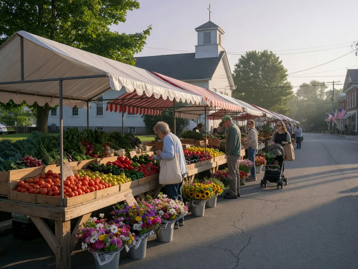 A Sunday farmers market on the main street of North Wales, Pennsylvania