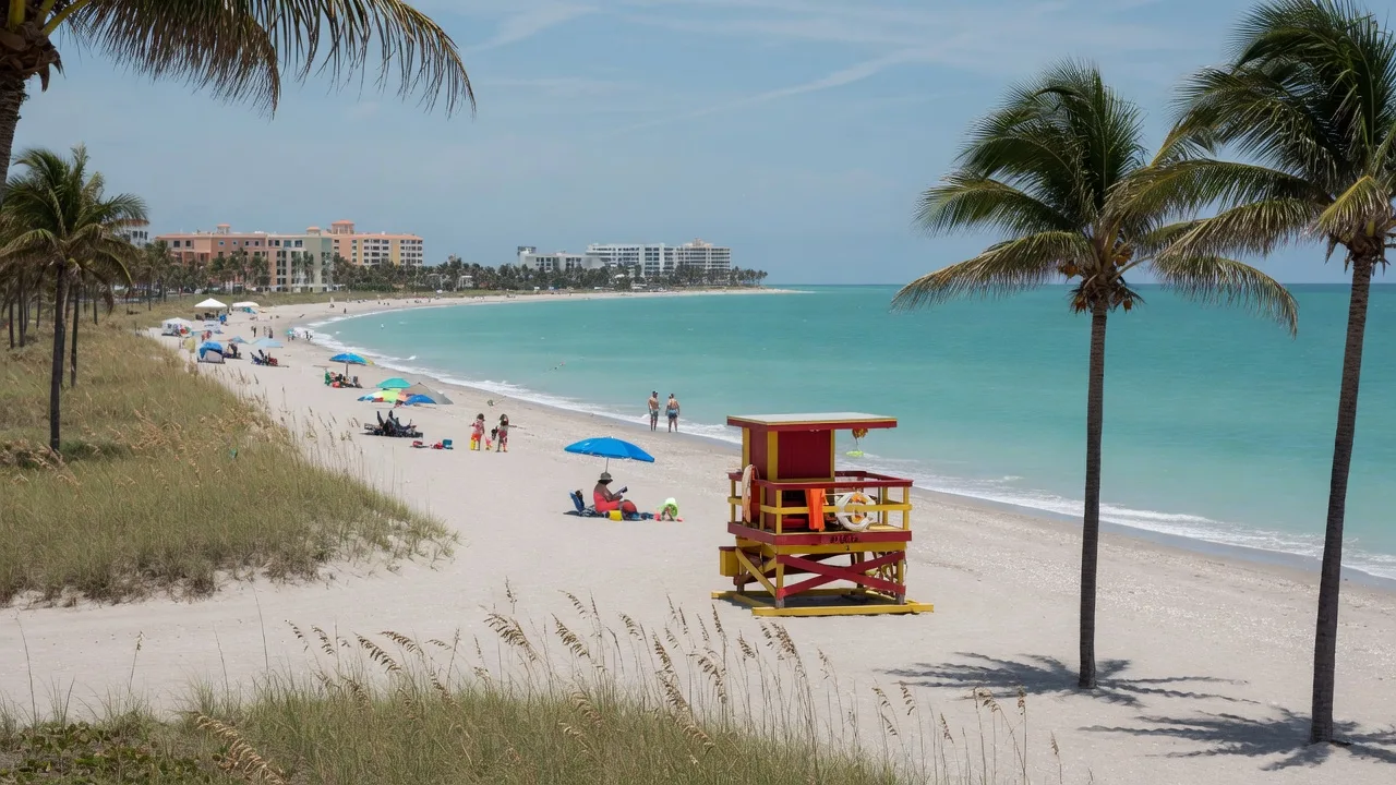 Boca Raton Florida beach with white sand, turquoise water, and palm trees along the coastline