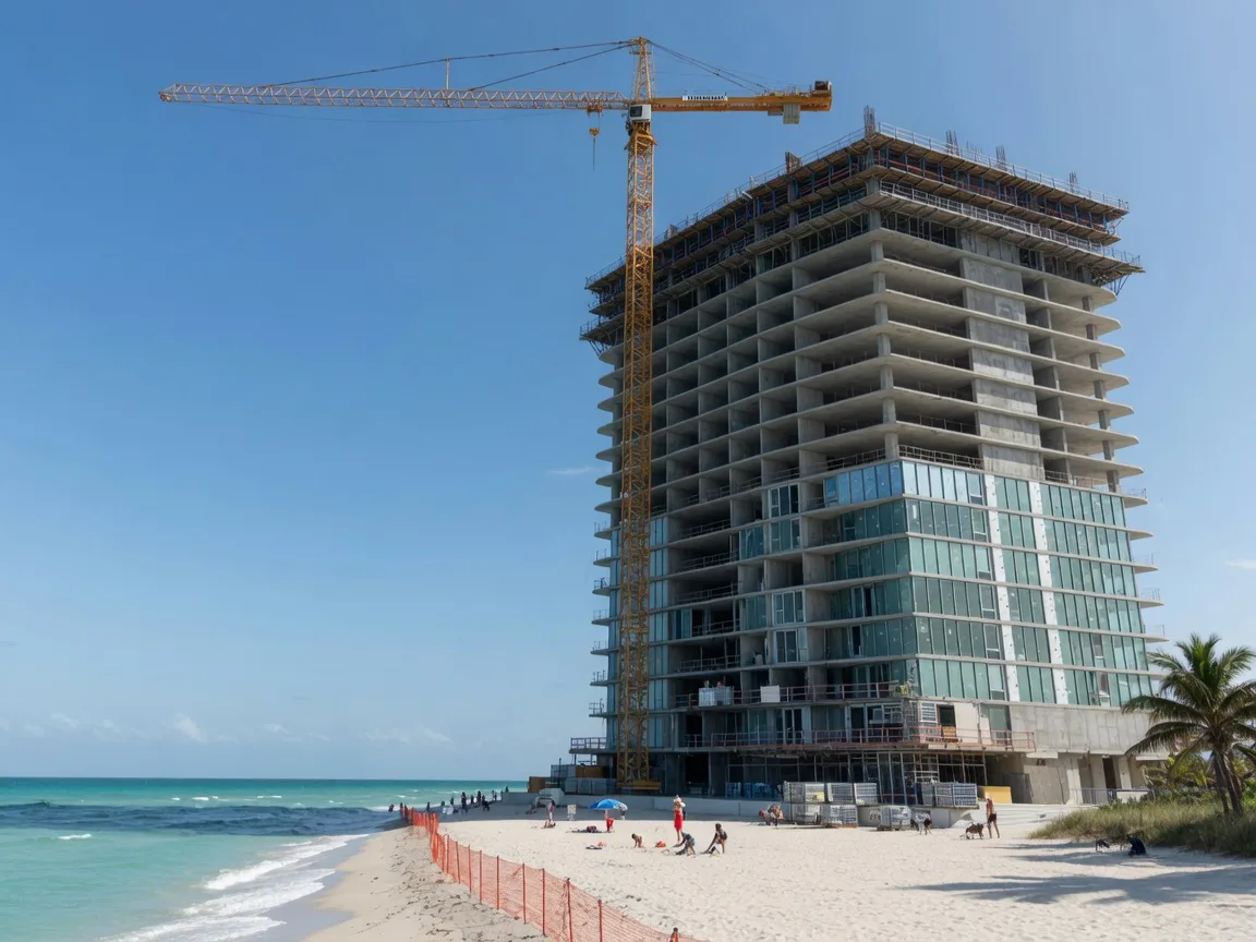 A modern oceanfront condominium tower under construction on a Florida beach with a crane above