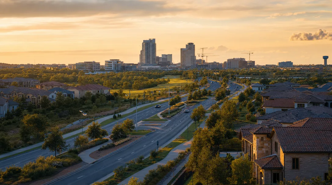 Master-planned communities and the suburban corridor of Collin County, Texas at golden hour