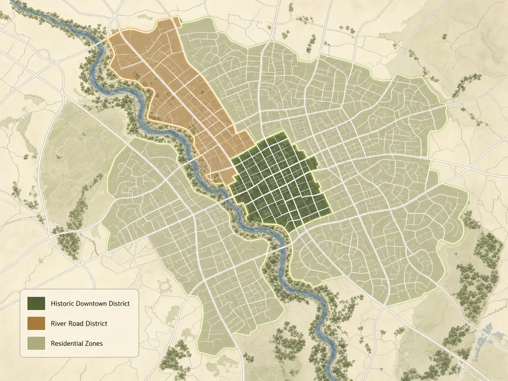 Stylized map of Boerne showing Historic Downtown, River Road, and residential overlay districts