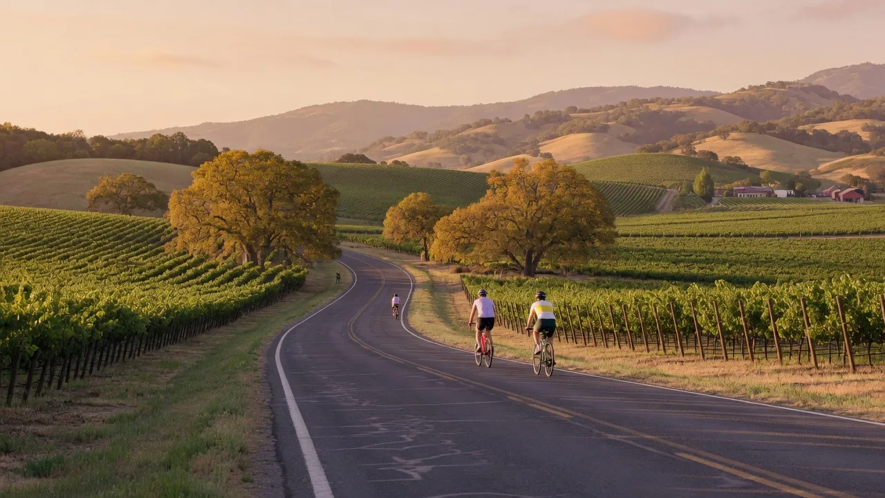 A quiet two-lane country road winding between rolling vineyard hills in Sonoma County at golden hour, with distant cyclists in the frame