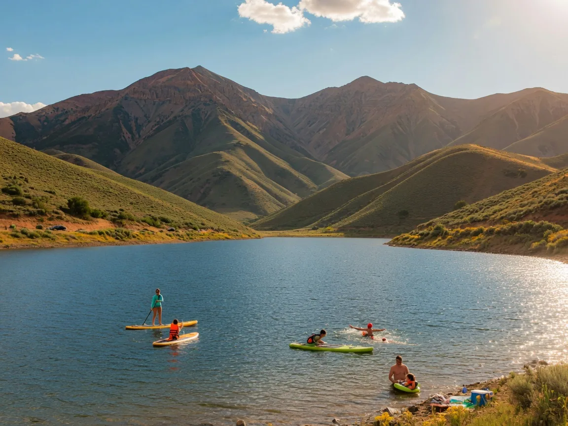 Blackridge Reservoir in Herriman Utah on a warm summer afternoon with families enjoying paddleboarding and swimming in the clear water against the Oquirrh Mountain backdrop