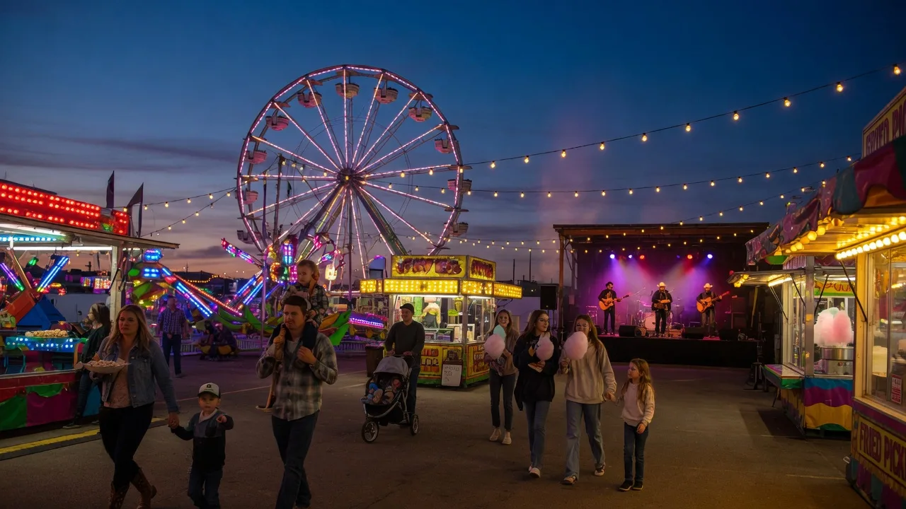 A small-town county fair at dusk, a carnival midway with colorful ride lights and a ferris wheel, a country music stage with a band silhouette in the distance, food vendor booths with warm string lights