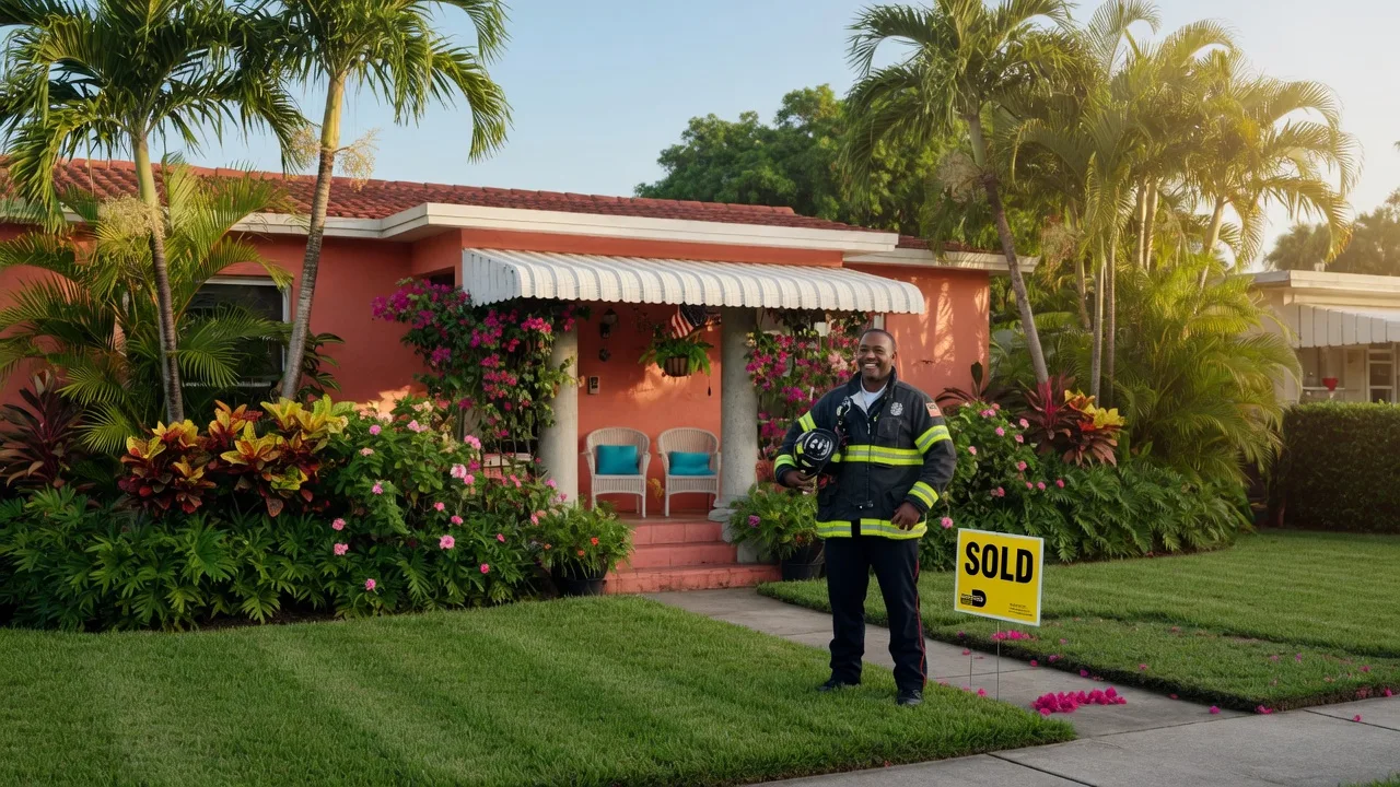 Firefighter in front of a sold South Florida home with palm trees and tropical landscaping on a sunny morning