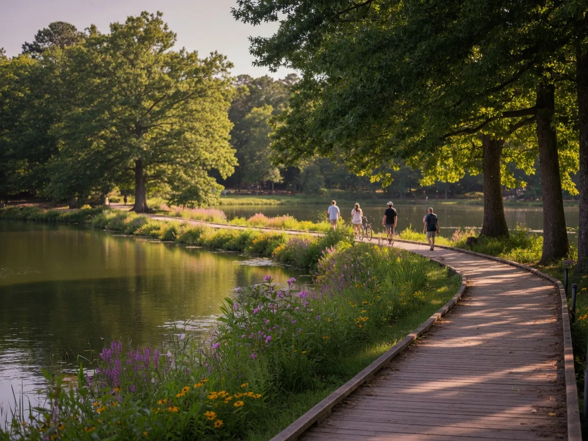 A calm, tree-lined lake with a wooden trail along the water at Anne Springs Close Greenway in Fort Mill, South Carolina
