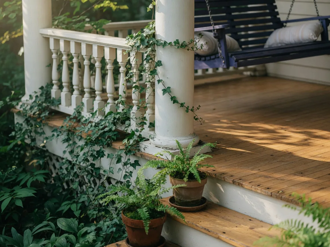 Restored craftsman porch with ivy, ferns, and warm wood steps in Portland