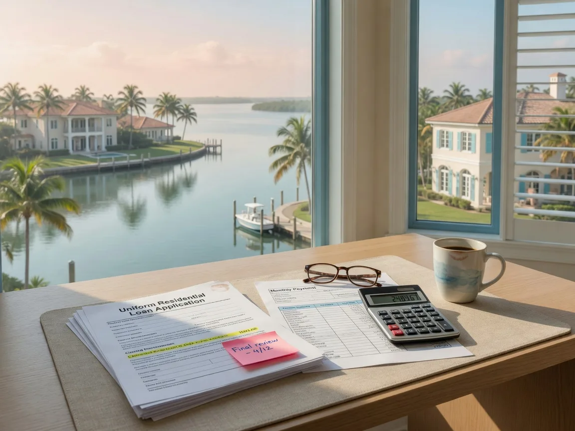 Home office desk with mortgage documents, calculator, and a coffee mug beside windows overlooking a Florida waterfront neighborhood