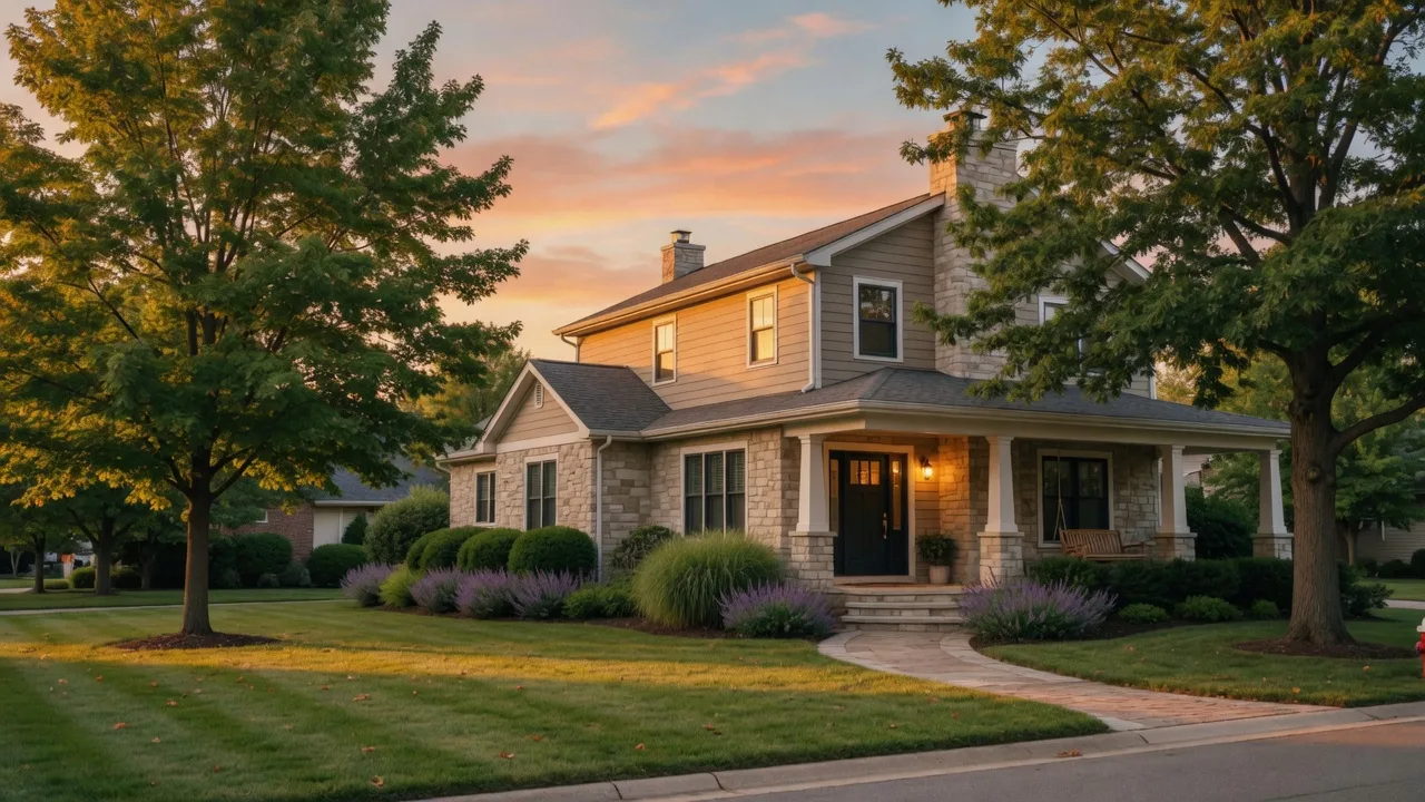A welcoming modern suburban home in Indiana at golden hour, lit for evening with a broad front lawn and shade trees