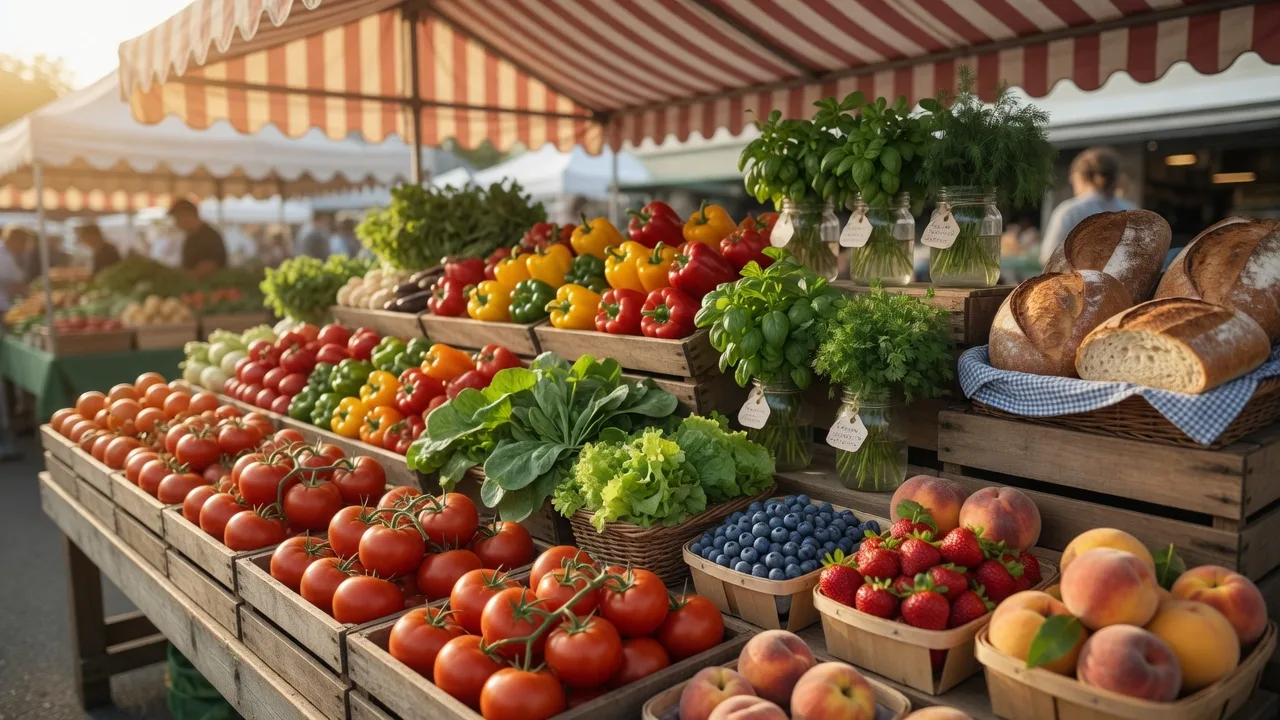 Farmers market produce in wooden crates