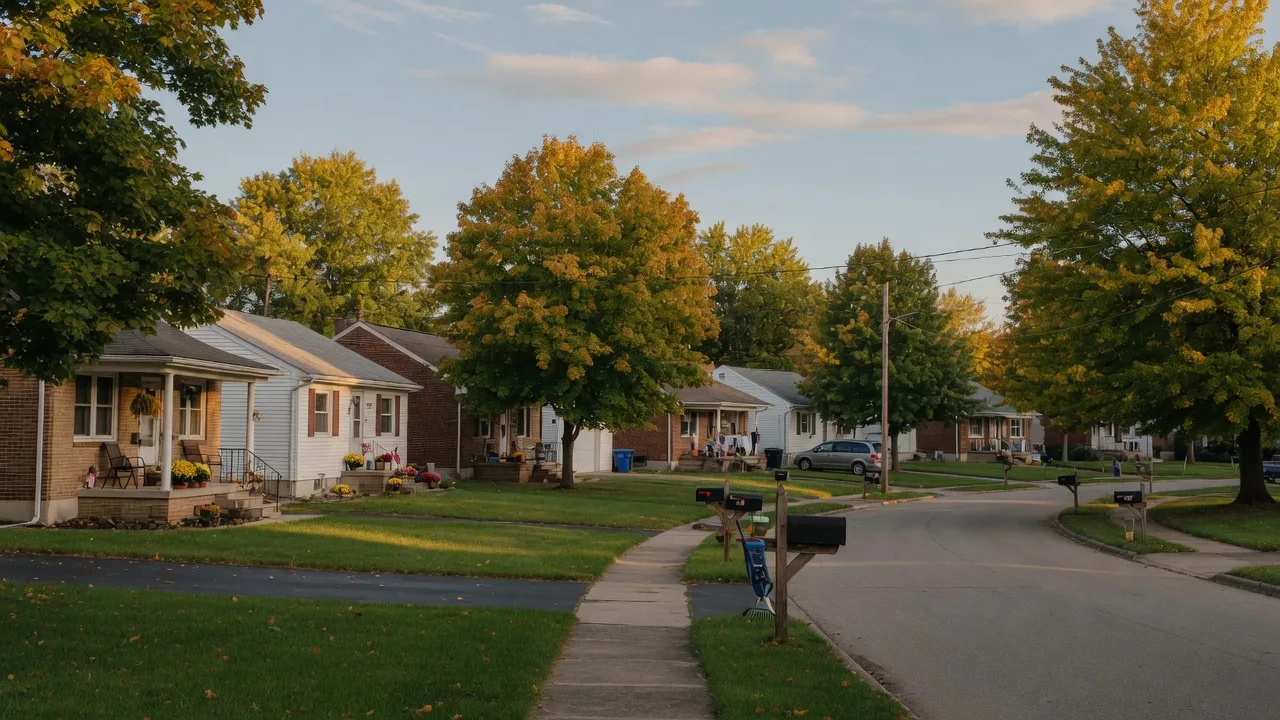 Golden-hour light on a quiet Northeast Ohio street with front porch homes and newly raked lawns