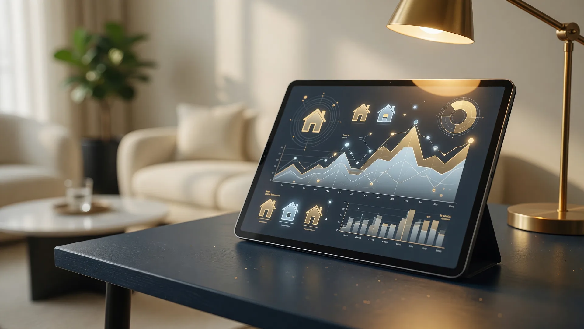 AI-powered real estate analytics dashboard on a tablet, showing glowing charts with warm gold lighting