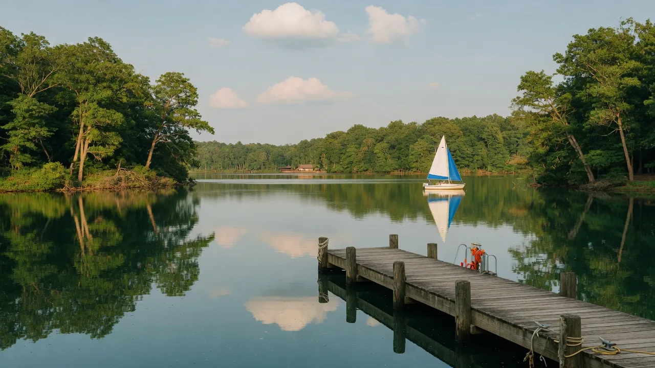 Lake of the Woods in Locust Grove, Orange County, Virginia with a wooden dock and sailboat on a calm summer afternoon