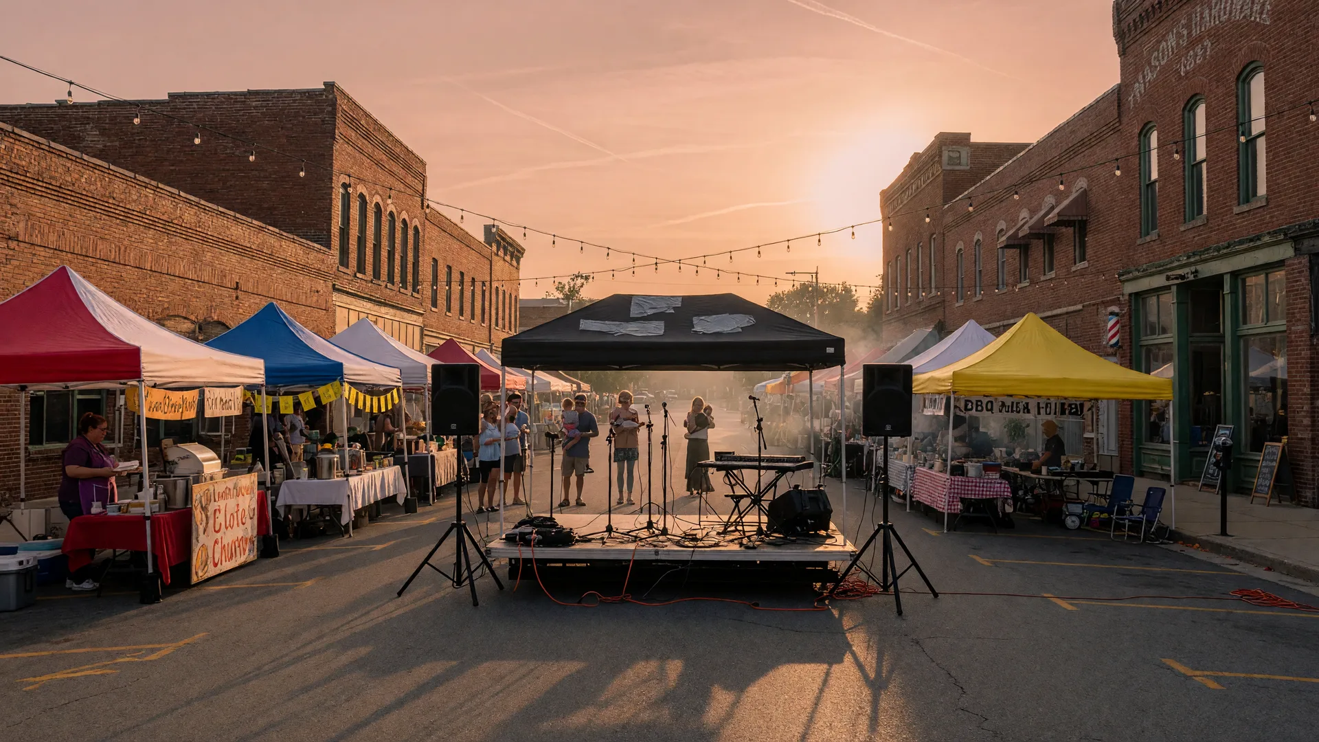 A small-town downtown street festival at golden hour with string lights over brick storefronts, a portable stage at the end of the block, food vendor tents, and a silhouetted crowd
