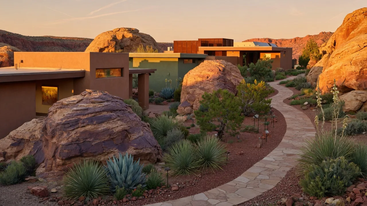 AI-rendered concept image of desert-modern Kayenta homes set among red rock boulders with native landscaping
