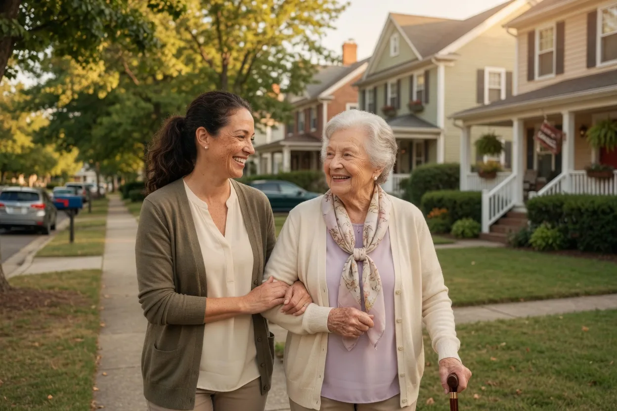 Caregiver and family discussing senior care options