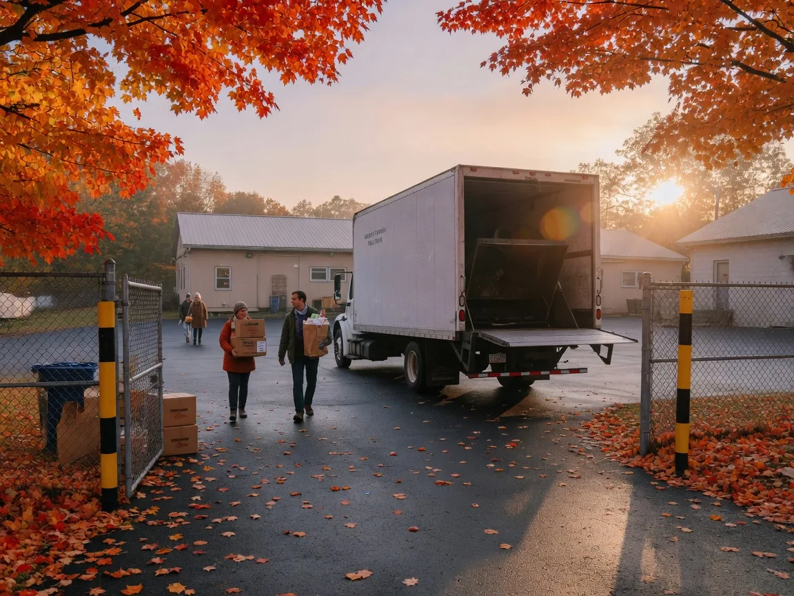 Neighbors carrying cardboard boxes of old papers toward a white paper-shredding truck at the Abington Township Highway Yard on Florey Lane on a crisp October morning, fallen leaves on the asphalt and peak autumn color at the edges of frame