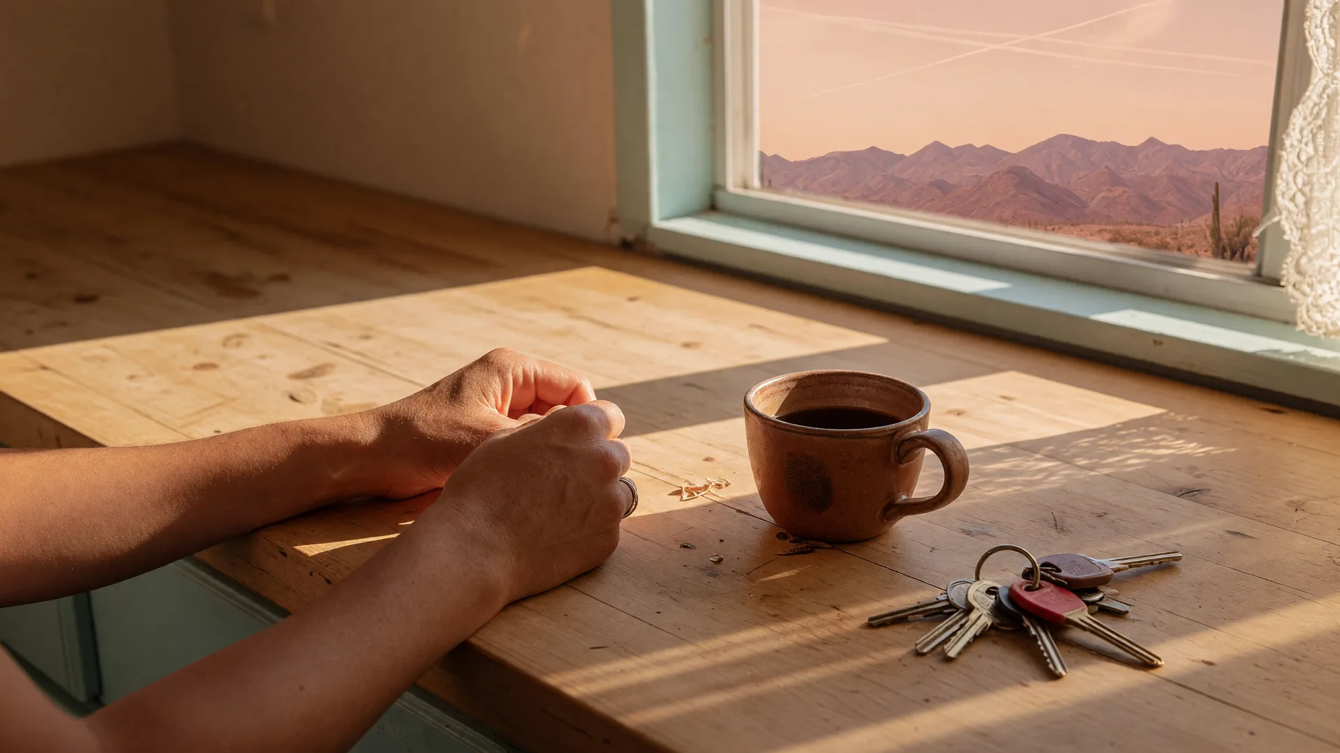 Hands resting on a kitchen countertop bathed in warm desert afternoon light, coffee cup and keys nearby, representing calm reflection before a big life decision