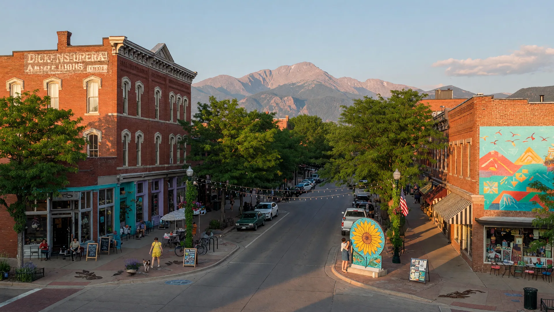 Historic downtown Longmont with Dickens Opera House and Longs Peak view
