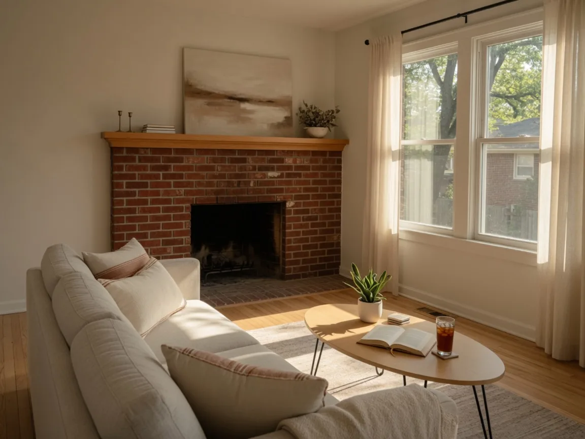 Cozy living room with a brick fireplace and neutral sofa in a Tulsa-area home