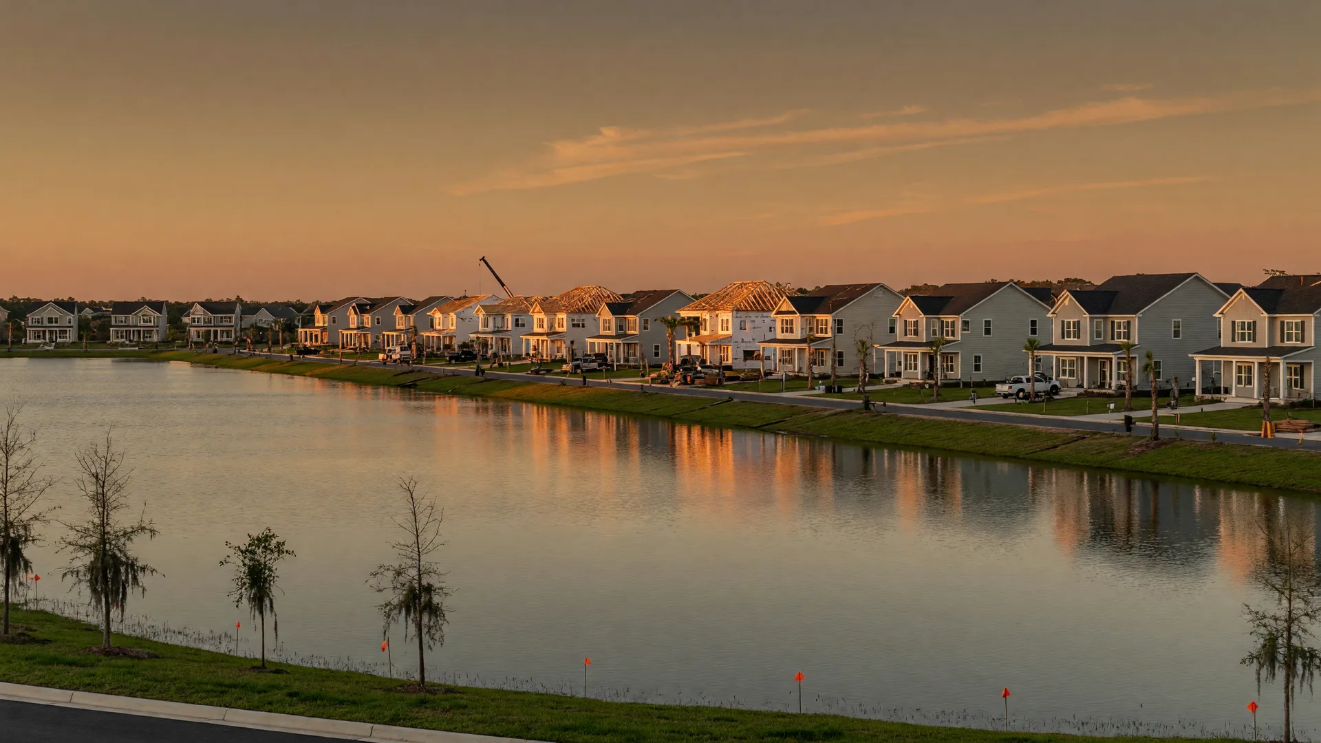 New two-story porch-front homes along the far shore of a wide calm lake in a Lowcountry master-planned community at golden hour, with a few homes still under construction