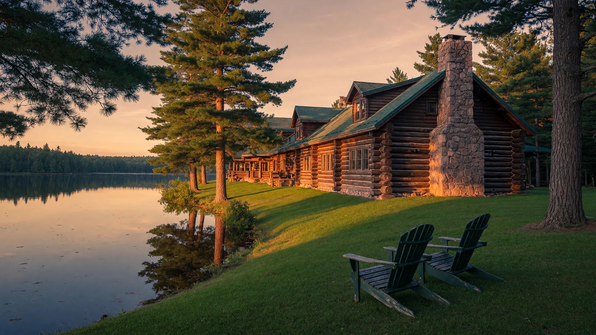 Historic lakeside log lodge with a stone chimney and lawn sloping to the water