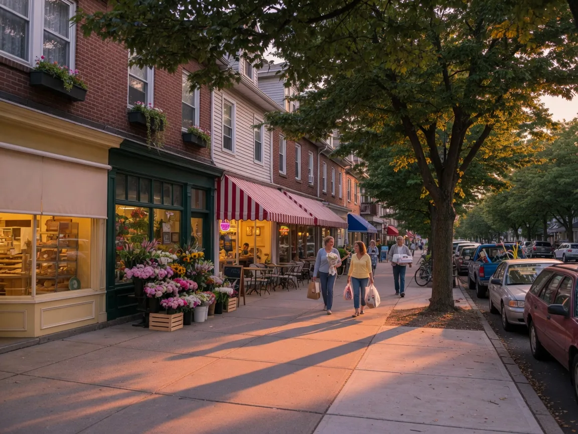 A tree-lined avenue with small local shops and tidy homes above in warm evening light
